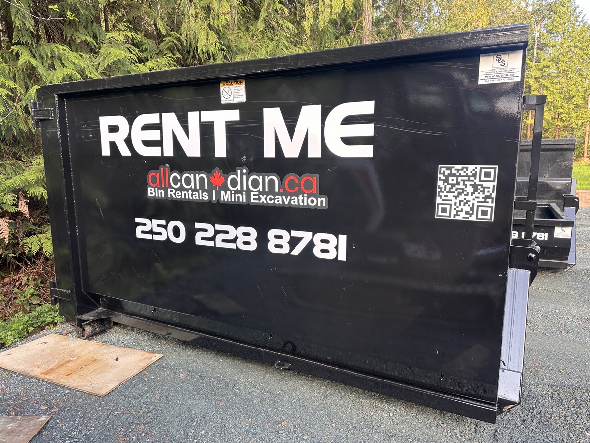 15-yard and 20-yard rental bins on a Vancouver Island job site