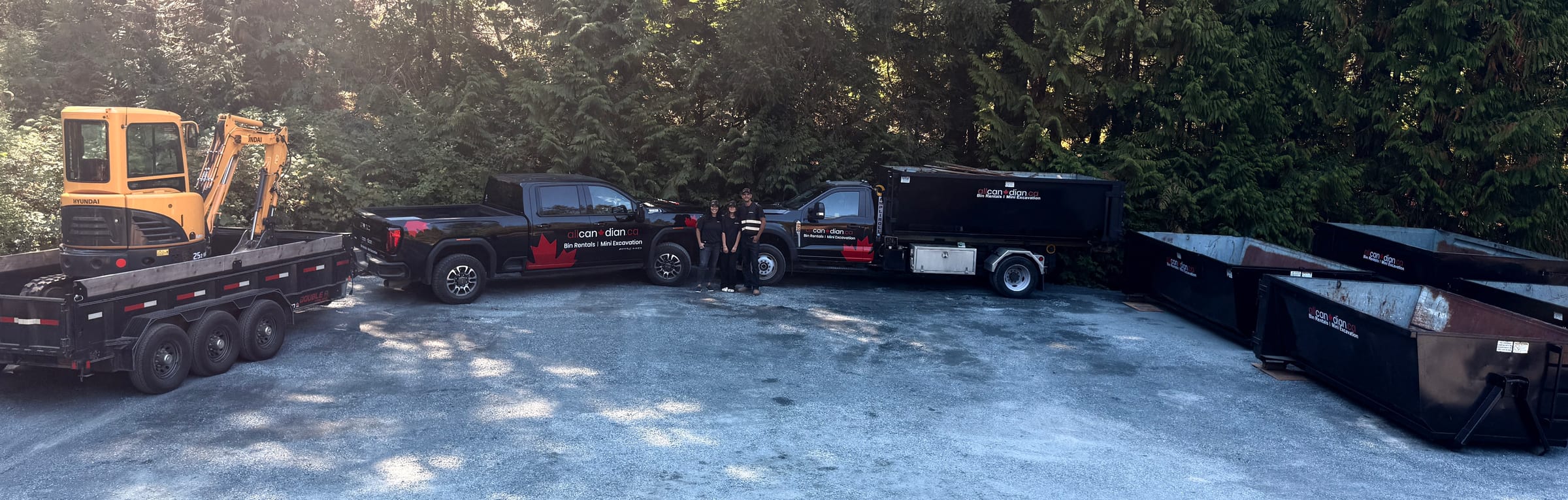 All Canadian equipment fleet ready for a combined bin + mini excavation job on Mid Vancouver Island